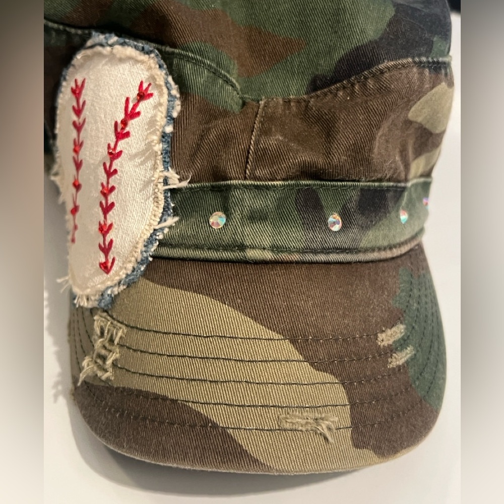 Camo Distressed Baseball Patch Cap with Rhinestones Adjustable Strap